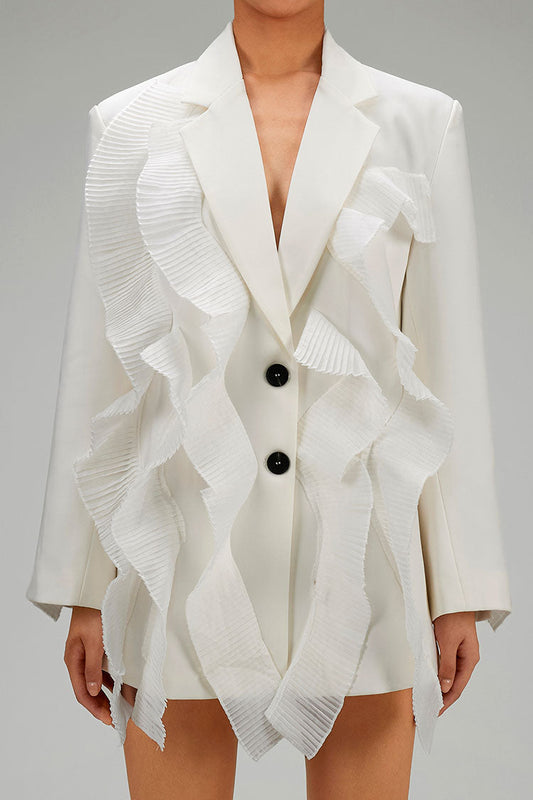  Feminine Pleated Ruffle Lapel Collar Long Sleeve Single Breasted Twill Blazer - Blazers - DYAVOR® 