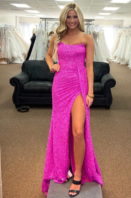  Fuchsia Mermaid Strapless Sequins Lace-Up Long Prom Dress with Slit - Prom Dresses - DYAVOR® 