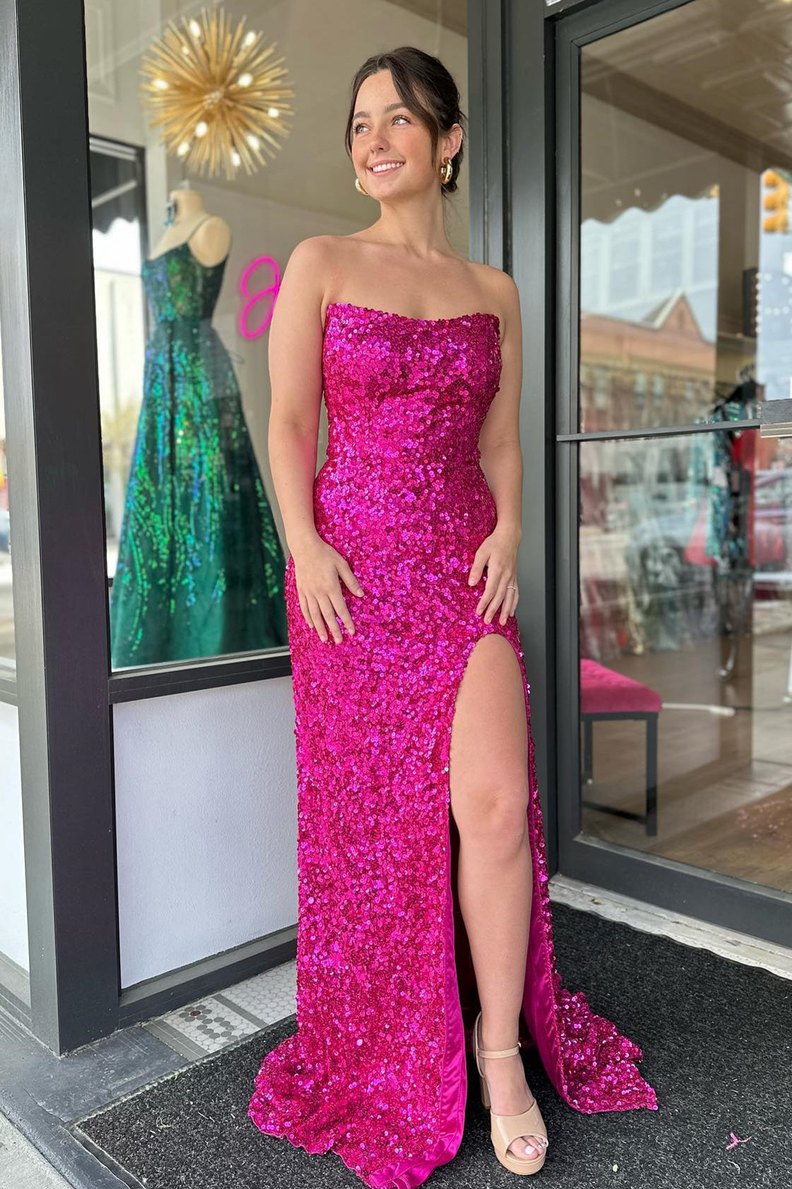  Fuchsia Strapless Sequins Long Prom Dress with Slit - Prom Dresses - DYAVOR® 