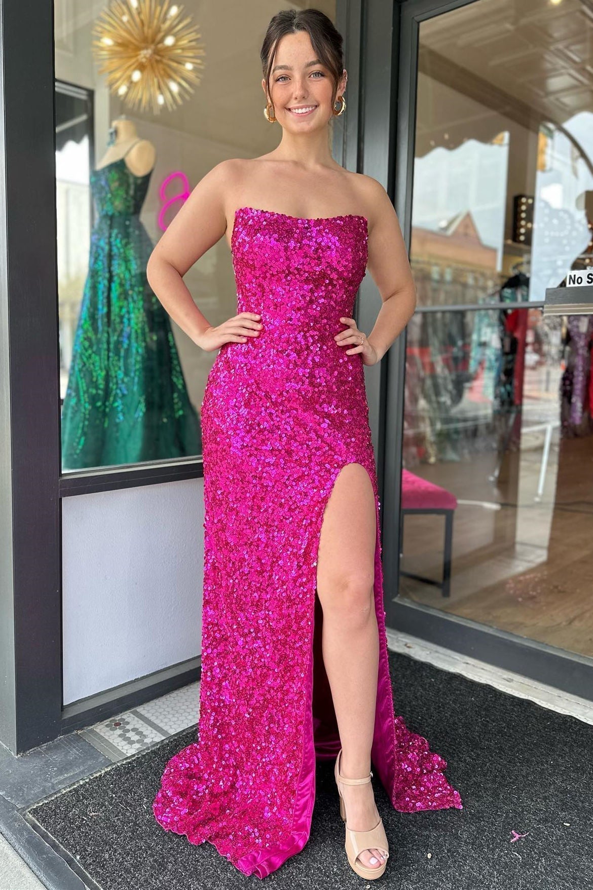  Fuchsia Strapless Sequins Long Prom Dress with Slit - Prom Dresses - DYAVOR® 