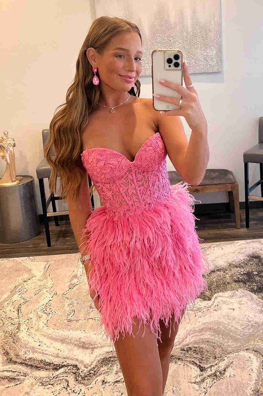  Amina |Sheath Sweetheart Lace Feather Skirt Homecoming Dress - Homecoming Dress - DYAVOR® 