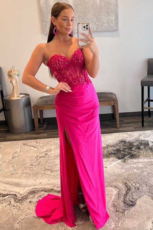  Ember | Sweetheart Corset Lace Hot Pink Long Prom Dress with Slit - prom dress - DYAVOR® 