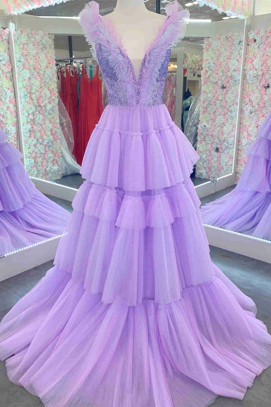  Stacy | Sequin Top Lavender Tiered Tulle Long Formal Dress - Prom Dress - DYAVOR® 