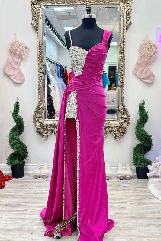  Kaydence | Chic Asymmertrical Fuchsia Beaded Long Porm Dress - Prom Dress - DYAVOR® 