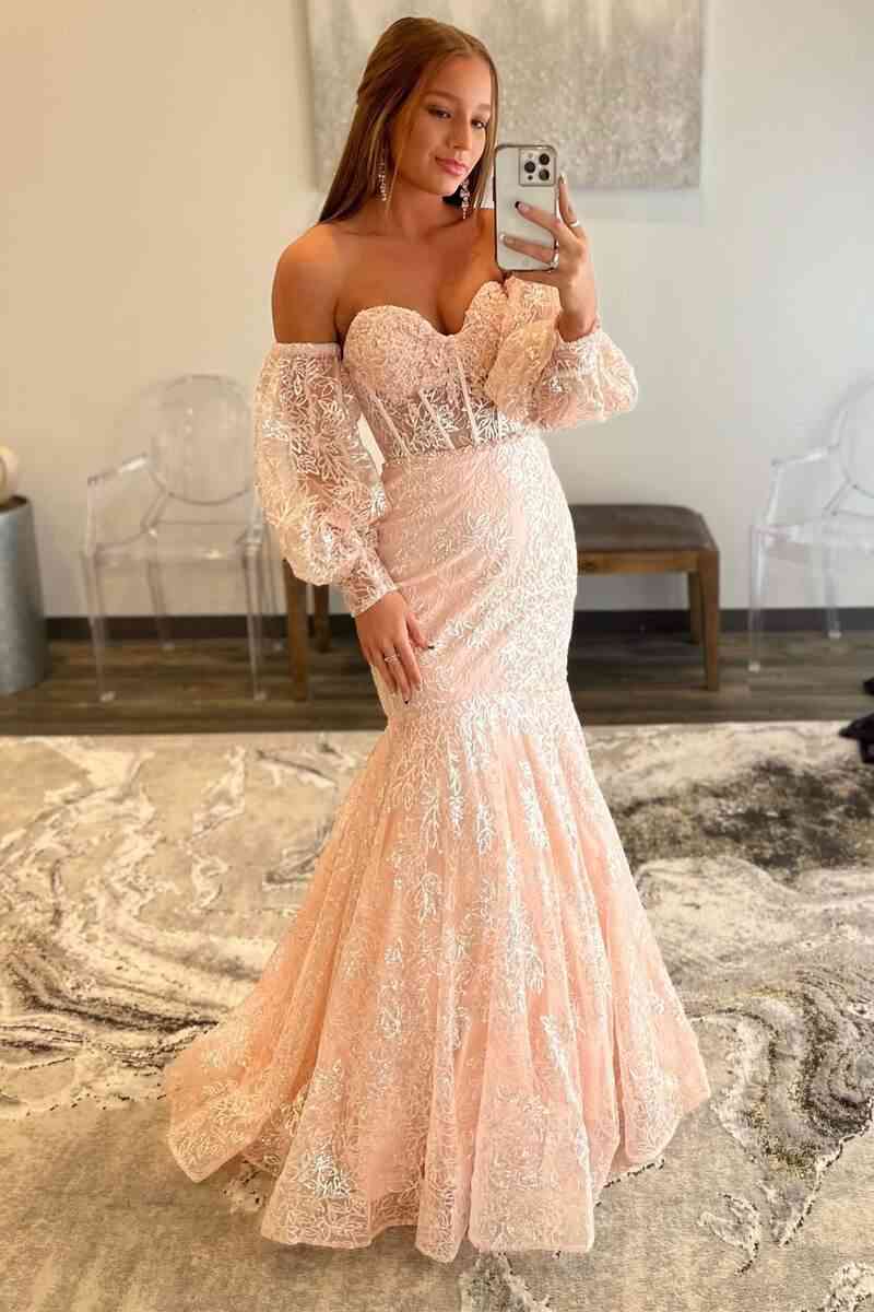  Peach Sweetheart Sheer Lace Corset Mermaid Prom Dress - prom dress - DYAVOR® 