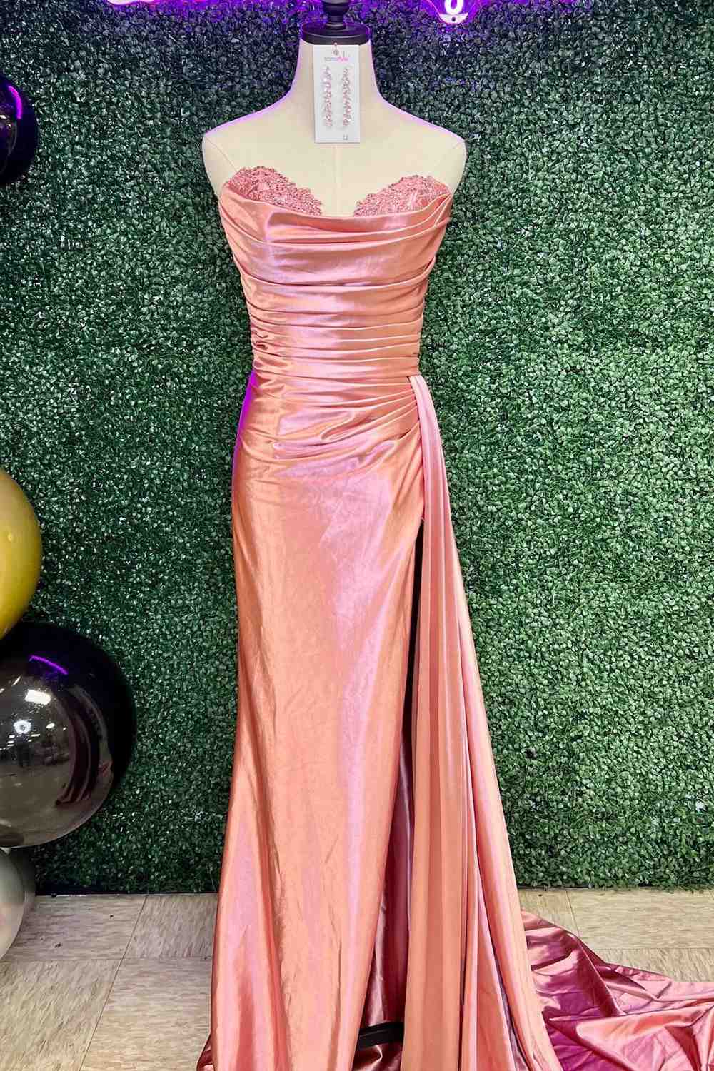  Fuchsia Strapless Mermaid Satin Pleated Long Prom Dress - prom dress - DYAVOR® 