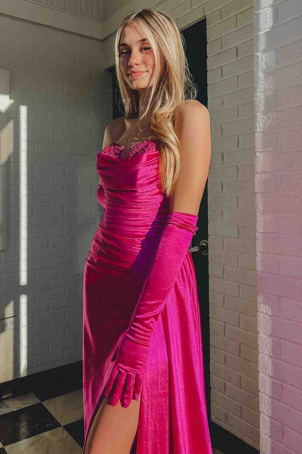  Fuchsia Strapless Mermaid Satin Pleated Long Prom Dress - prom dress - DYAVOR® 