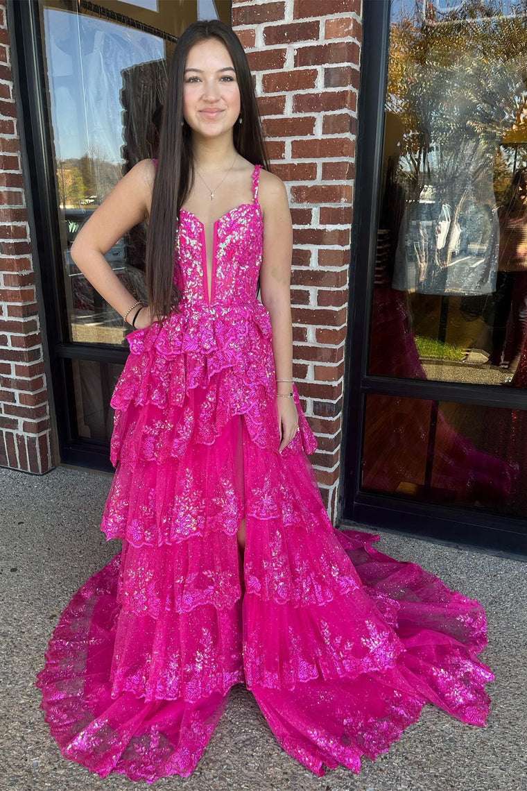  Martha | Straps Fuchsia Sequin Layered Formal Dress with Slit - Prom Dresses - DYAVOR® 