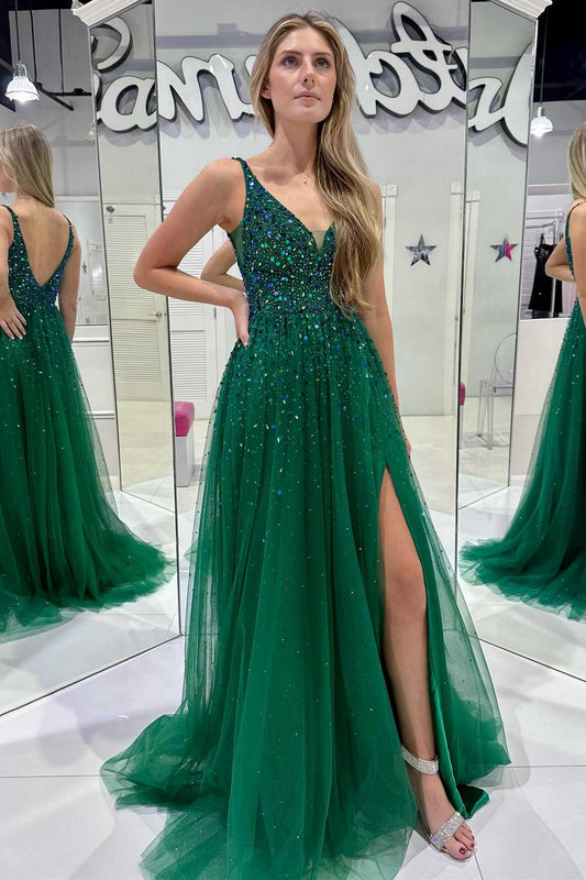  Raquel | V-Neck Hunter Green Beaded Tulle Prom Dress with Slit - Prom Dresses - DYAVOR® 