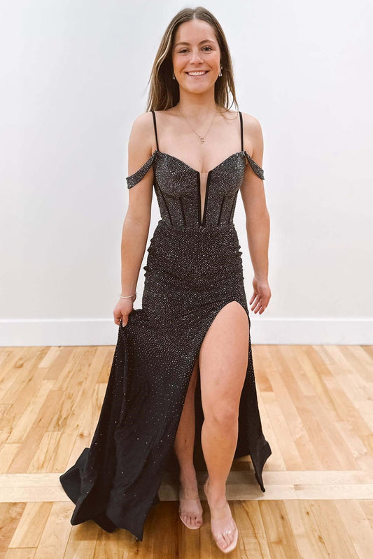  Rosemary | Cold Shoulder Black Beaded Slit Mermaid Prom Dress - Prom Dresses - DYAVOR® 