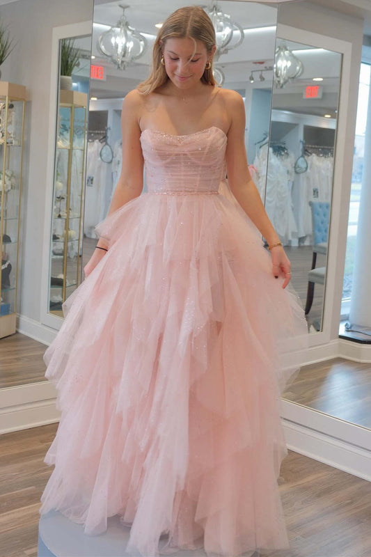  Patsy | Strapless Light Pink Sequin Beaded Ruffle Tulle Prom Dress - Prom Dresses - DYAVOR® 
