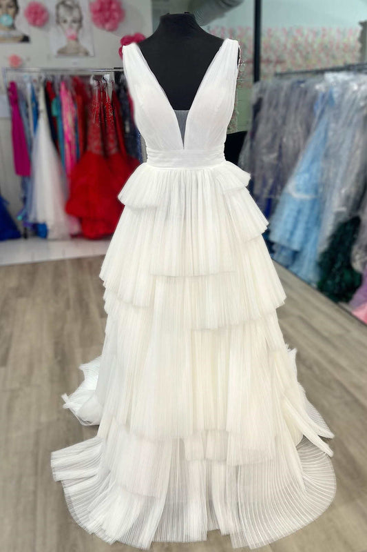  Maya | White V-Neck Pleated Layered Long Formal Dress - Prom Dress - DYAVOR® 