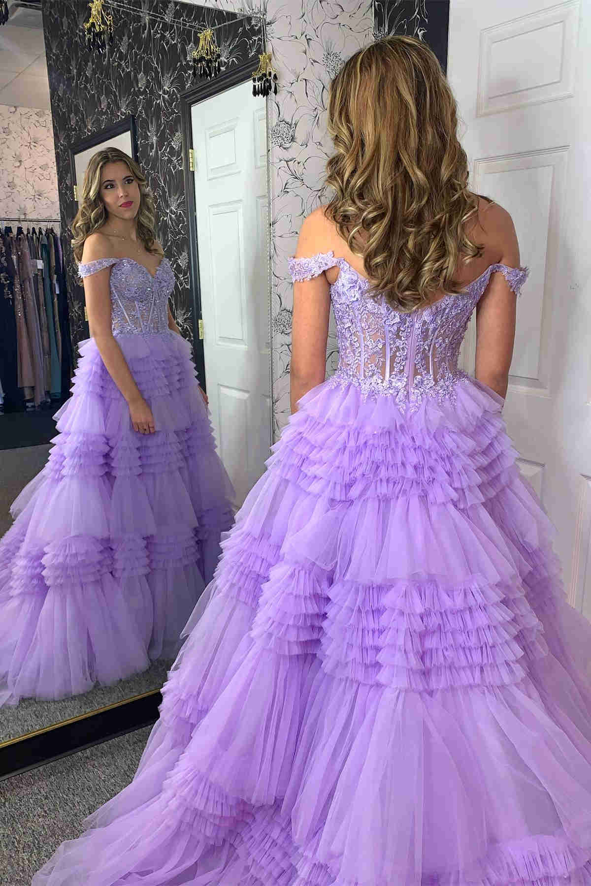  Elina | Red Tulle Off-the-Shoulder Ruffle Tiered Long Prom Dress - Prom Dress - DYAVOR® 