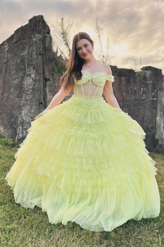  Martina | Off the Shoulder Light Yellow Ruffle Layered Prom Dress - Prom Dress - DYAVOR® 