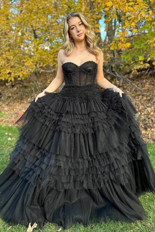  Marjorie | Black Sweetheart Beaded Tiered A-Line Formal Dress - Prom Dress - DYAVOR® 