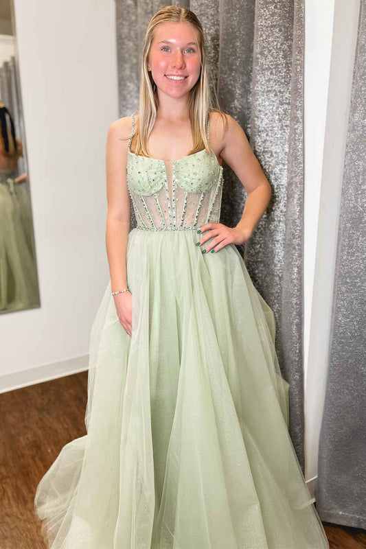 Madeline | Sage Green Straps Sequin Beaded A-Line Tulle Prom Dress - Prom Dress - DYAVOR® 