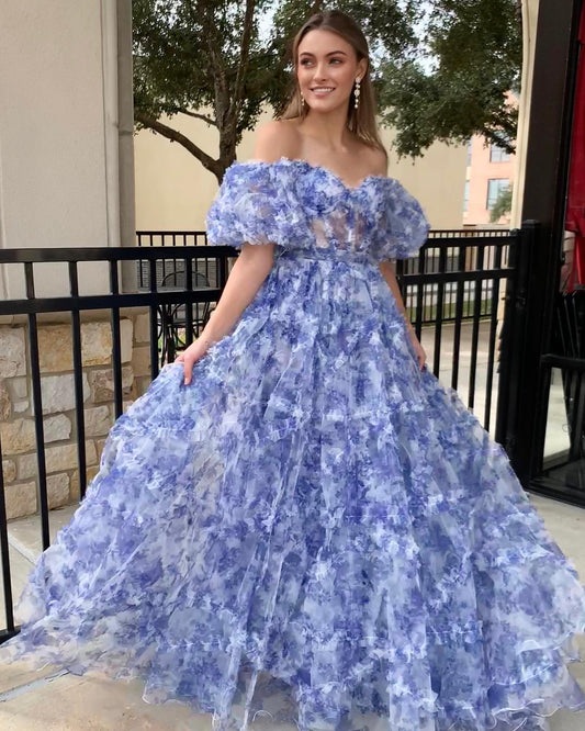 Sydney| Off the Shoulder Blue Floral Print Ruffled Tulle Prom Dress - Prom Dress - DYAVOR® 