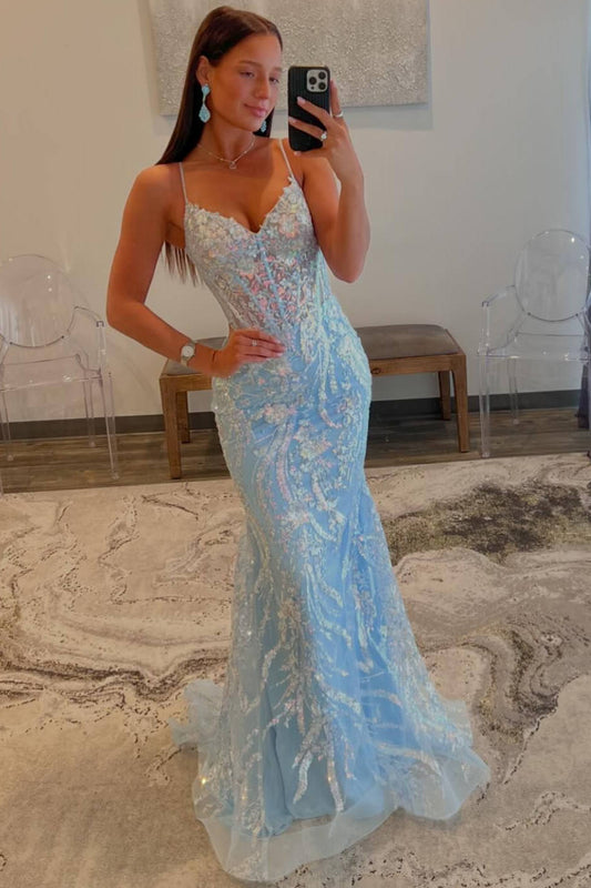 Margaret | Straps Light Blue V-Neck Sequin Appliques Mermaid Prom Dress