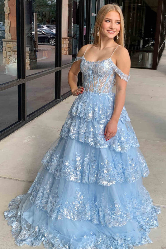  Maureen | Tulle Sequin Cold-Shoulder Ruffle Tiered Long Prom Dress - Prom Dress - DYAVOR® 