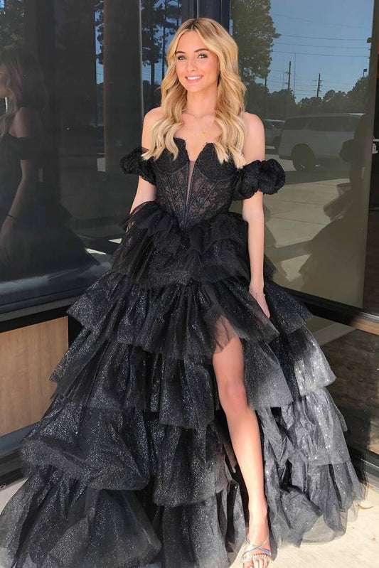  Sexy Sweetheart Black A-Line Lace Layered Dress with Slit - Prom Dresses - DYAVOR® 