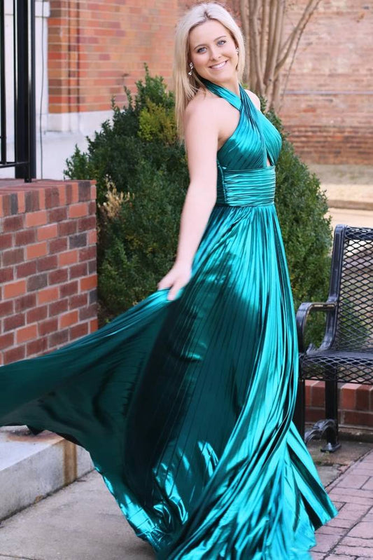  Emerald Green Metallic Key Hole Pleated Gown with Slit - Prom Dresses - DYAVOR® 