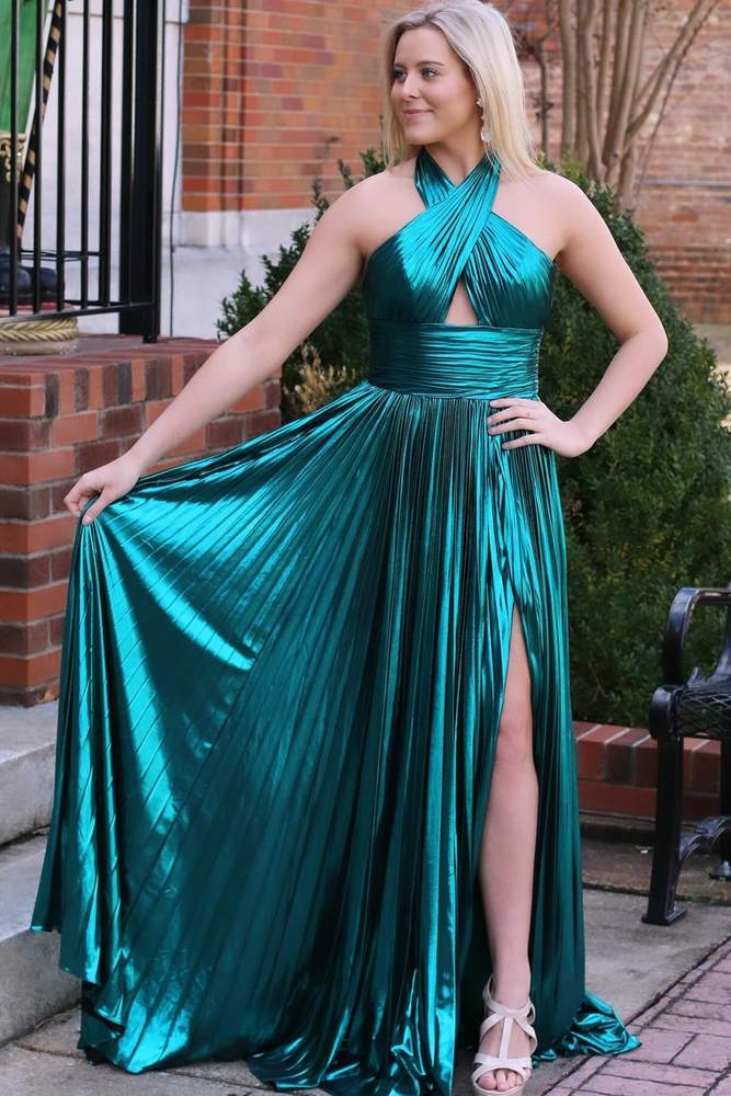  Emerald Green Metallic Key Hole Pleated Gown with Slit - Prom Dresses - DYAVOR® 