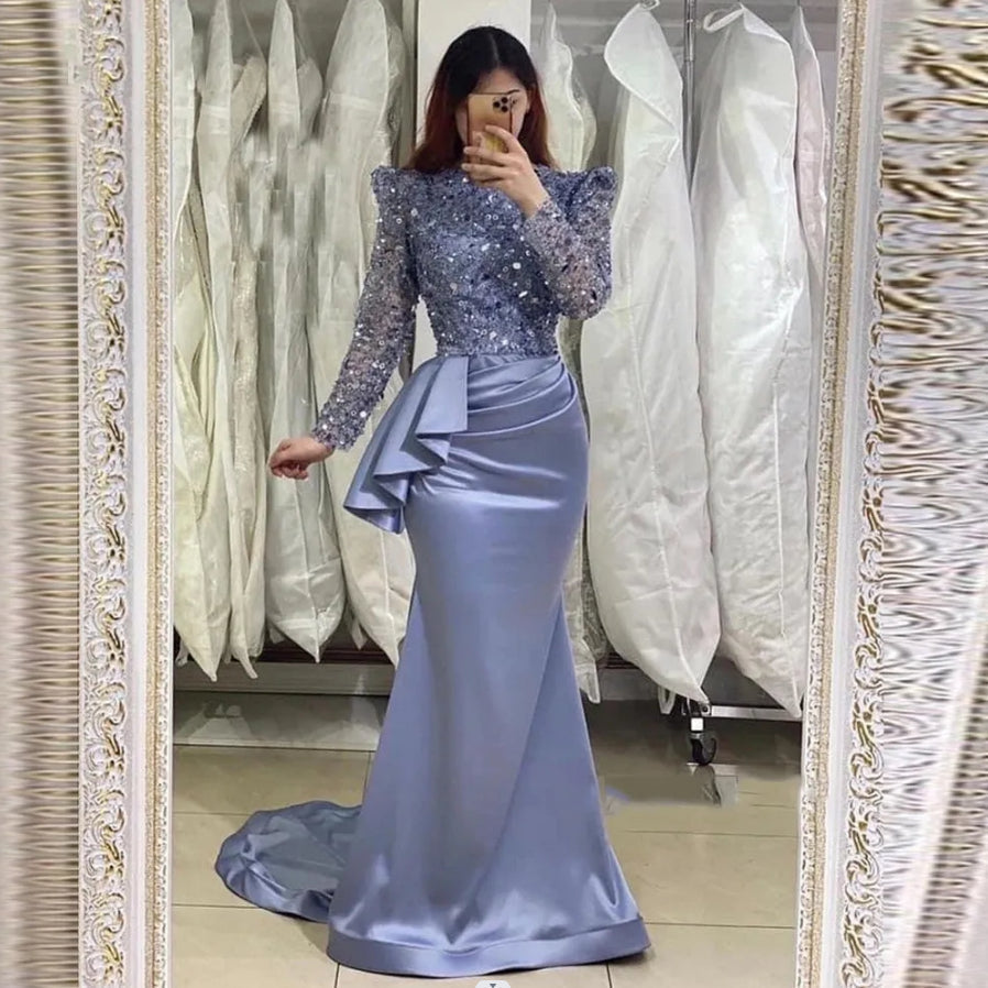  Glamorous Lavender Long Mermaid High Neck Beading Prom Dress With Long Sleeves - Prom Dresses - DYAVOR® 