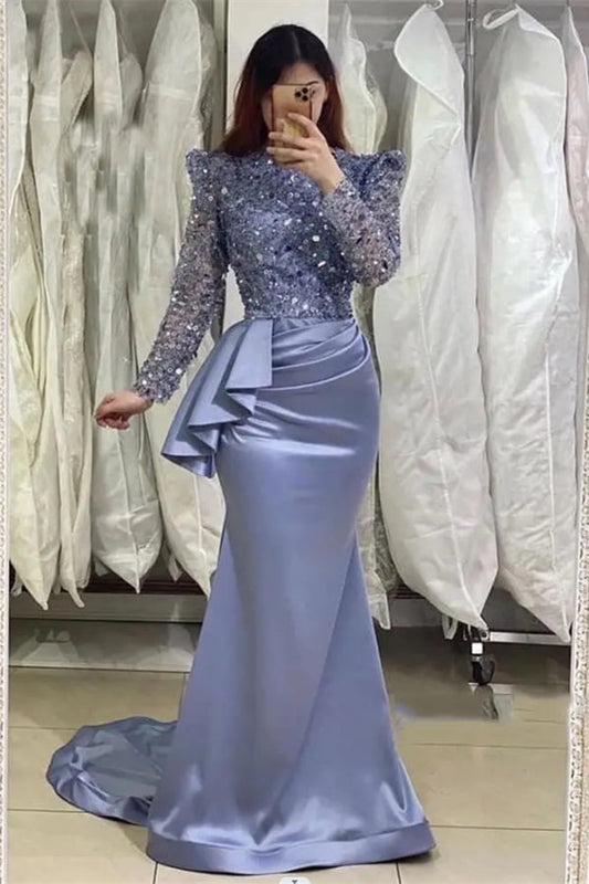  Glamorous Lavender Long Mermaid High Neck Beading Prom Dress With Long Sleeves - Prom Dresses - DYAVOR® 