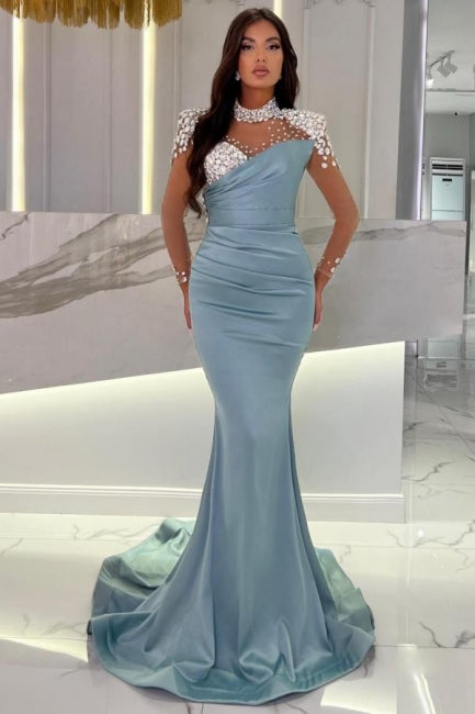  Glamorous Long Blue Mermaid High Neck Glitter Satin Prom Dress With Long Sleeves - Prom Dresses - DYAVOR® 