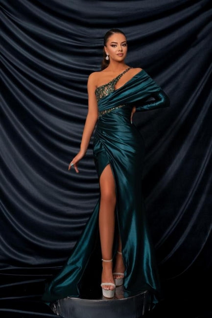  Glamorous Long Dark Green One Shoulder Beading Lace Long Sleeve Prom Dress with Slit - Prom Dresses - DYAVOR® 