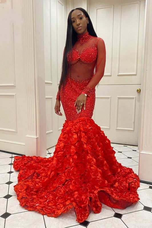  Glamorous Long Mermaid High Neck Flowers Sequined Prom Dress With Long Sleeves - Prom Dresses - DYAVOR® 