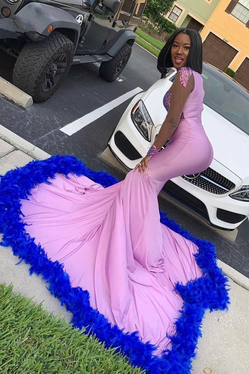  Glamorous Long Mermaid Lace Satin Prom Dress With Long Sleeves - Prom Dresses - DYAVOR® 