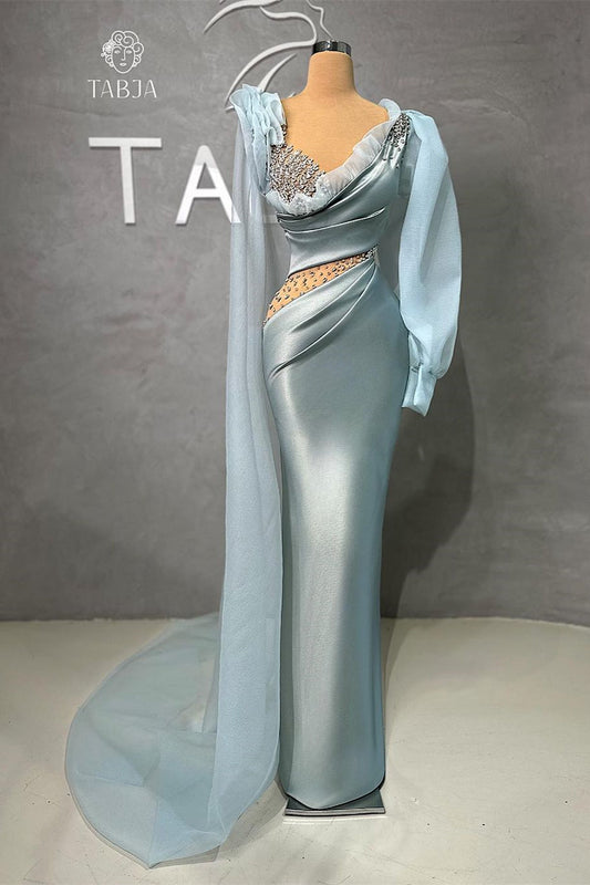  Glamorous Long Mermaid V-neck Long Sleeves Prom Dress With Ruffles And Stones - Prom Dresses - DYAVOR® 
