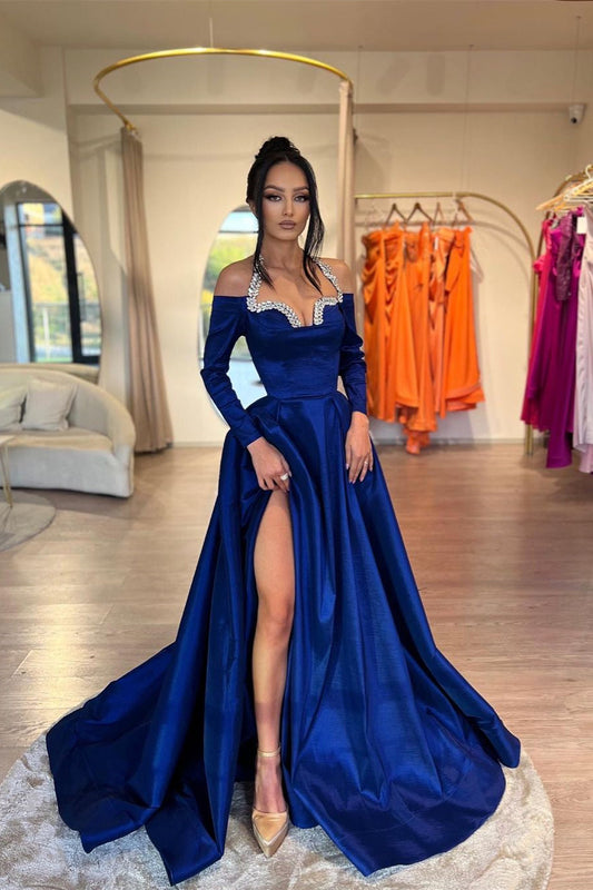  Glamorous Long Royal Blue A-line Halter Long Sleeves Rhinestones Prom Dress With Slit - Prom Dresses - DYAVOR® 