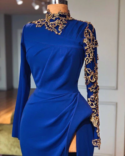  Glamorous Long Royal Blue High Neck Long Sleeves Lace Prom Dress With Slit - Prom Dresses - DYAVOR® 