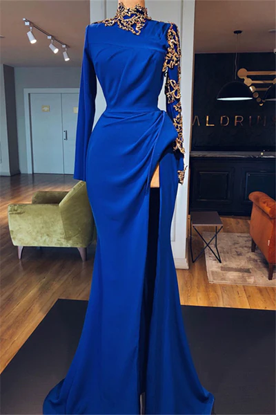  Glamorous Long Royal Blue High Neck Long Sleeves Lace Prom Dress With Slit - Prom Dresses - DYAVOR® 