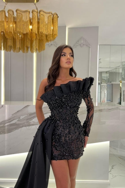  Glamorous long sleeve strapless column hardnet Evening Dress with ruffles - Prom Dresses - DYAVOR® 