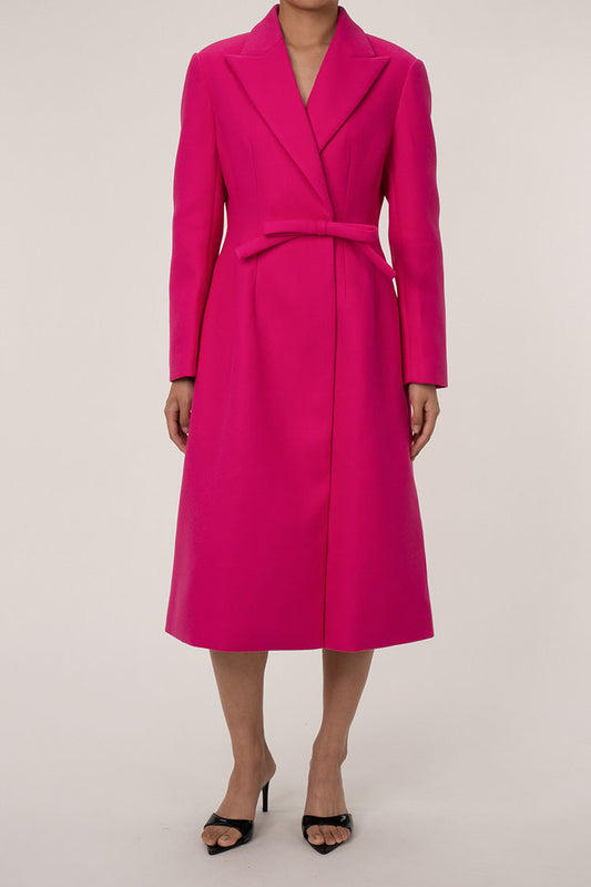  Glamorous Peak Lapel Bow Trim Long Sleeve Cinch Waist Wool Long Coat - Coats - DYAVOR® 