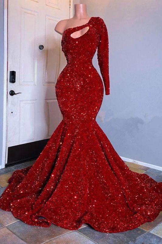  Glamorous Red Long Sleeves One-Shoulder Mermaid Prom Dress Sequins - Prom Dresses - DYAVOR® 