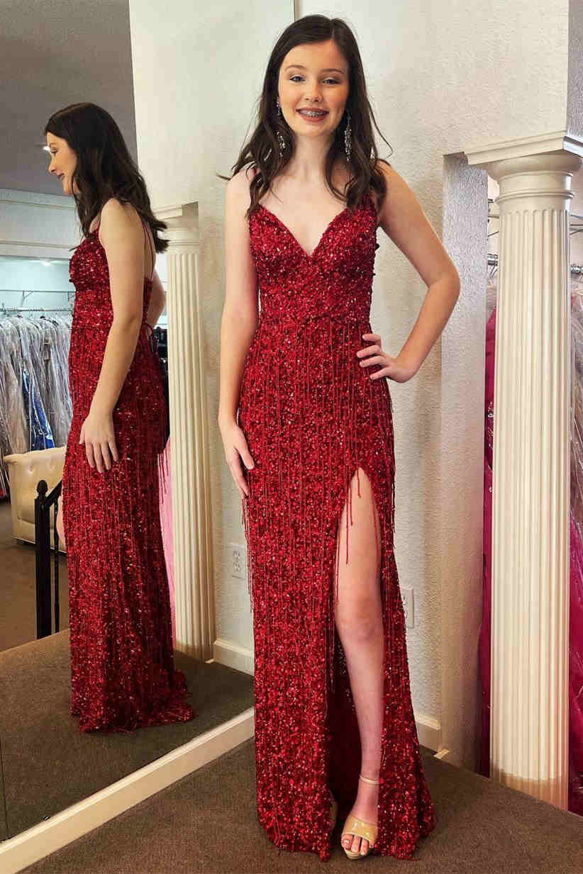  Glitter Red V-Neck Long Prom Dress with Tassel - prom dress - DYAVOR® 