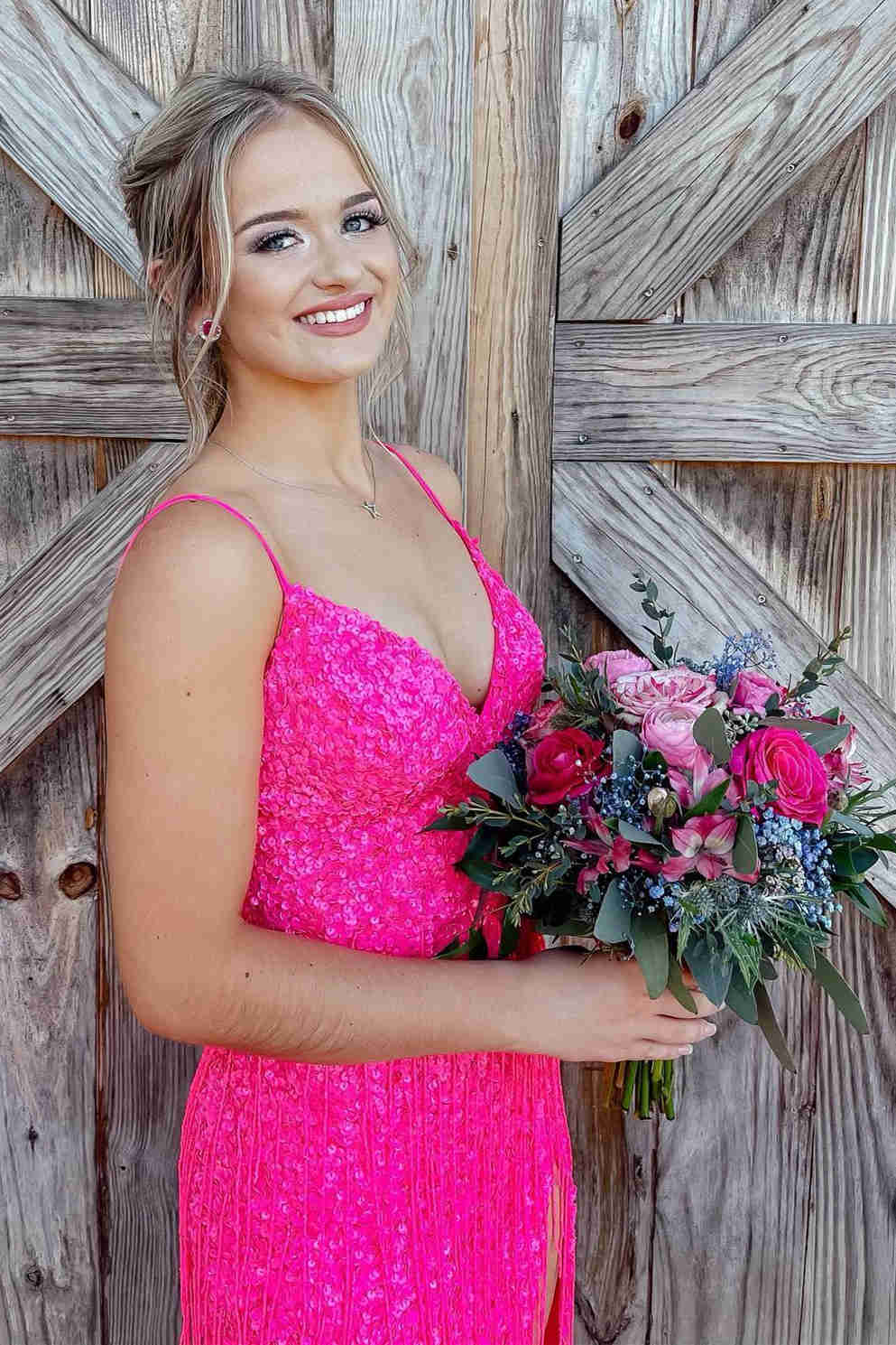  Glitter Red V-Neck Long Prom Dress with Tassel - prom dress - DYAVOR® 