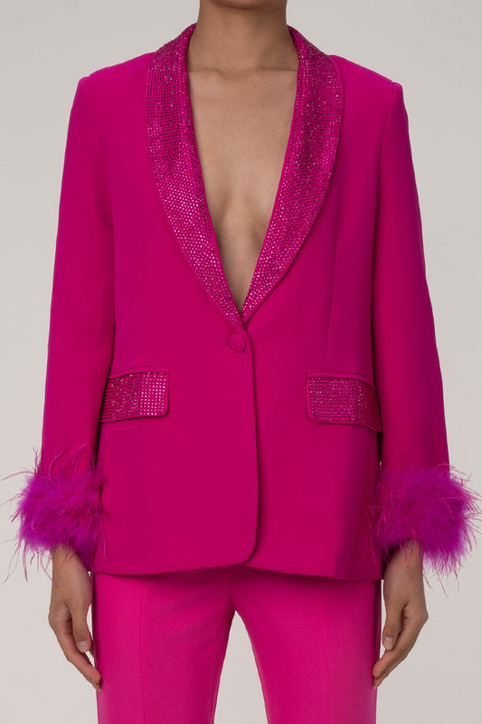  Glittering Rhinestone Shawl Collar Feather Trim Cinch Waist Party Blazer - Blazers - DYAVOR® 