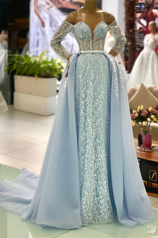 Gorgeous Blue Off-the-shoulder Long Sleeves A-line Beading Prom Dress - Prom Dresses - DYAVOR® 