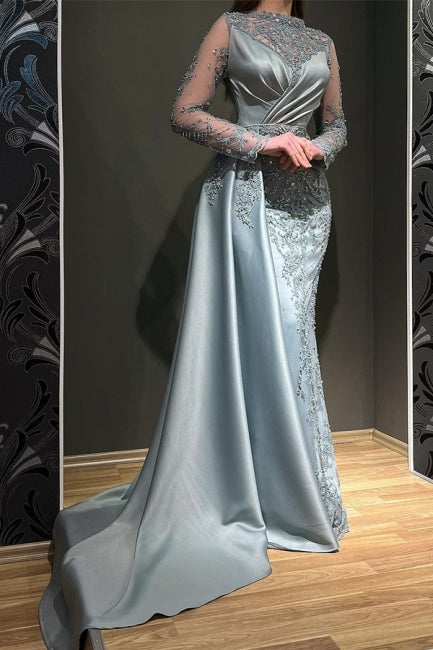  Gorgeous Grey Long Sleeves Jewel Mermaid Stretch Satin Prom Dress with Appliques - Prom Dresses - DYAVOR® 