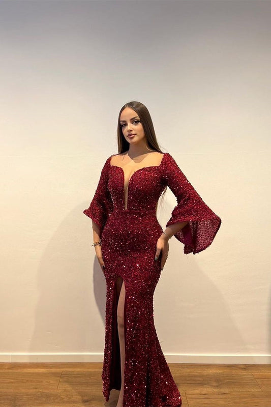  Gorgeous Long Burgundy Sequined Split Front Prom Dress With Long Sleeves - Prom Dresses - DYAVOR® 