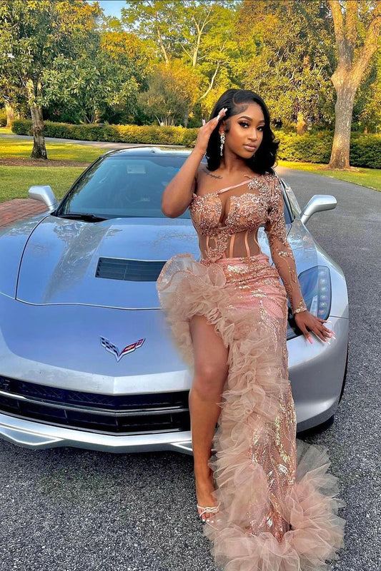  Gorgeous Long Mermaid Pink One Shoulder Long Sleeve Prom Dress With Slit - Prom Dresses - DYAVOR® 