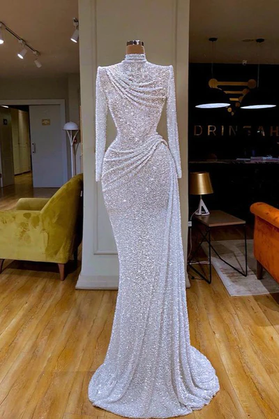  Gorgeous Long White Mermaid High Neck Sequined Prom Dress With Long Sleeves - Prom Dresses - DYAVOR® 