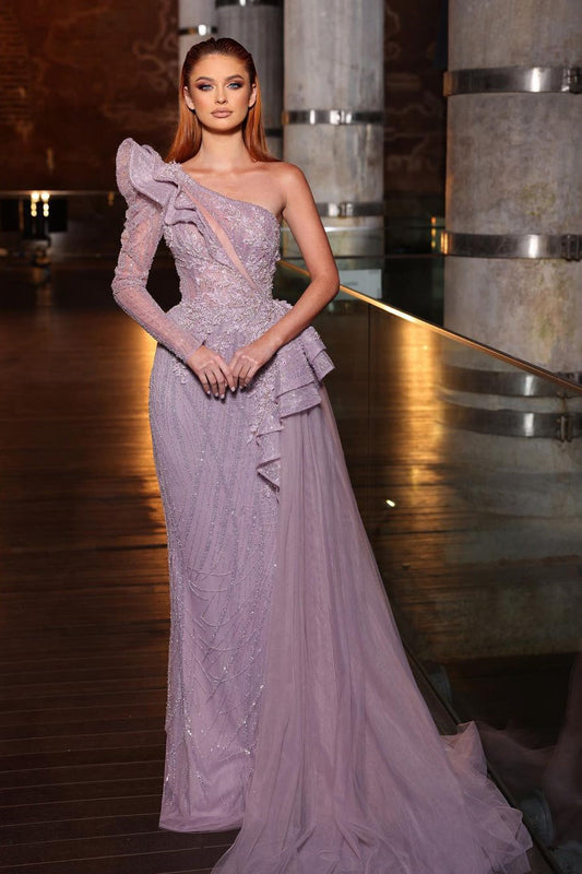  Gorgeous One Shoulder Long Sleeve Sequined A-line Prom Dress With Ruffles - Prom Dresses - DYAVOR® 