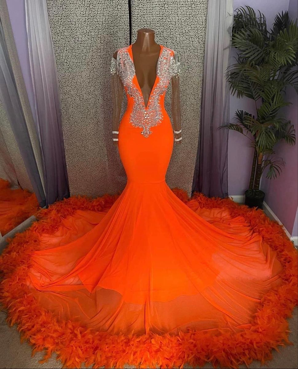  Gorgeous Orange Mermaid Tassel V-Neck Lace Prom Dress With Long Sleeves - Prom Dresses - DYAVOR® 