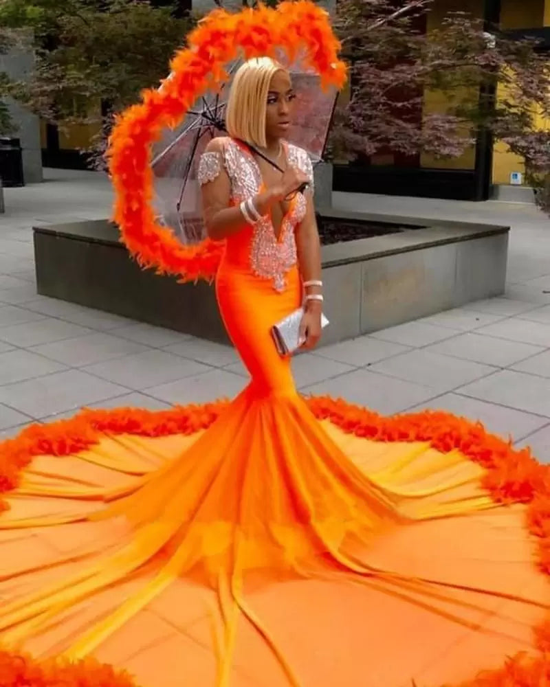 Gorgeous Orange Mermaid Tassel V-Neck Lace Prom Dress With Long Sleeves - Prom Dresses - DYAVOR® 